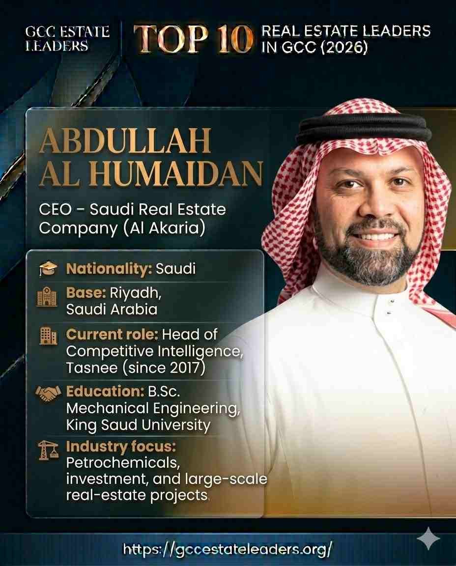 Top 10 Real Estate Leaders in GCC (2026) 7 Abdullah Al Humaidan is a Saudi business executive with senior leadership roles in the industrial and real estate sectors. Based in Riyadh, he has built a career in strategic business development and competitive intelligence for major Saudi enterprises. His experience reflects Saudi Arabia’s broader diversification and industrial-growth agenda.