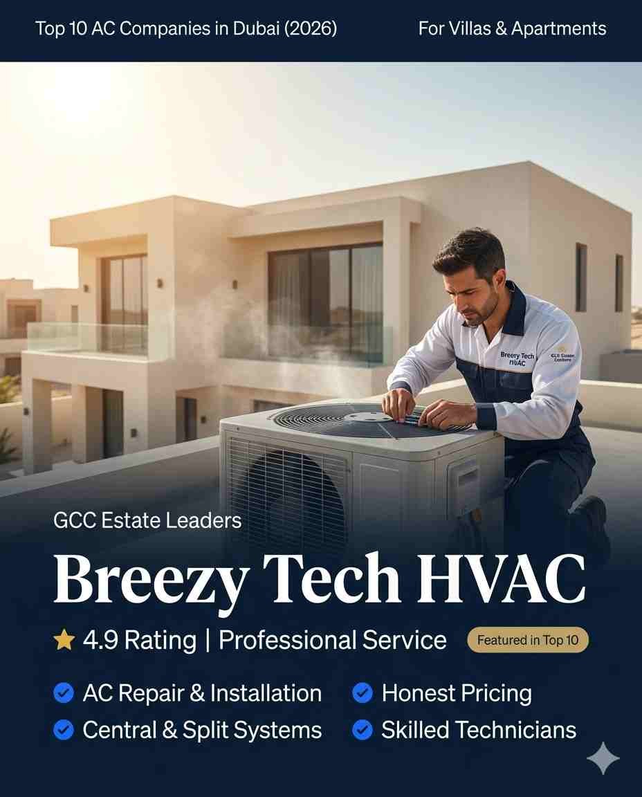 HVAC service company Dubai Breezy Tech technician inspecting split AC system residential maintenance