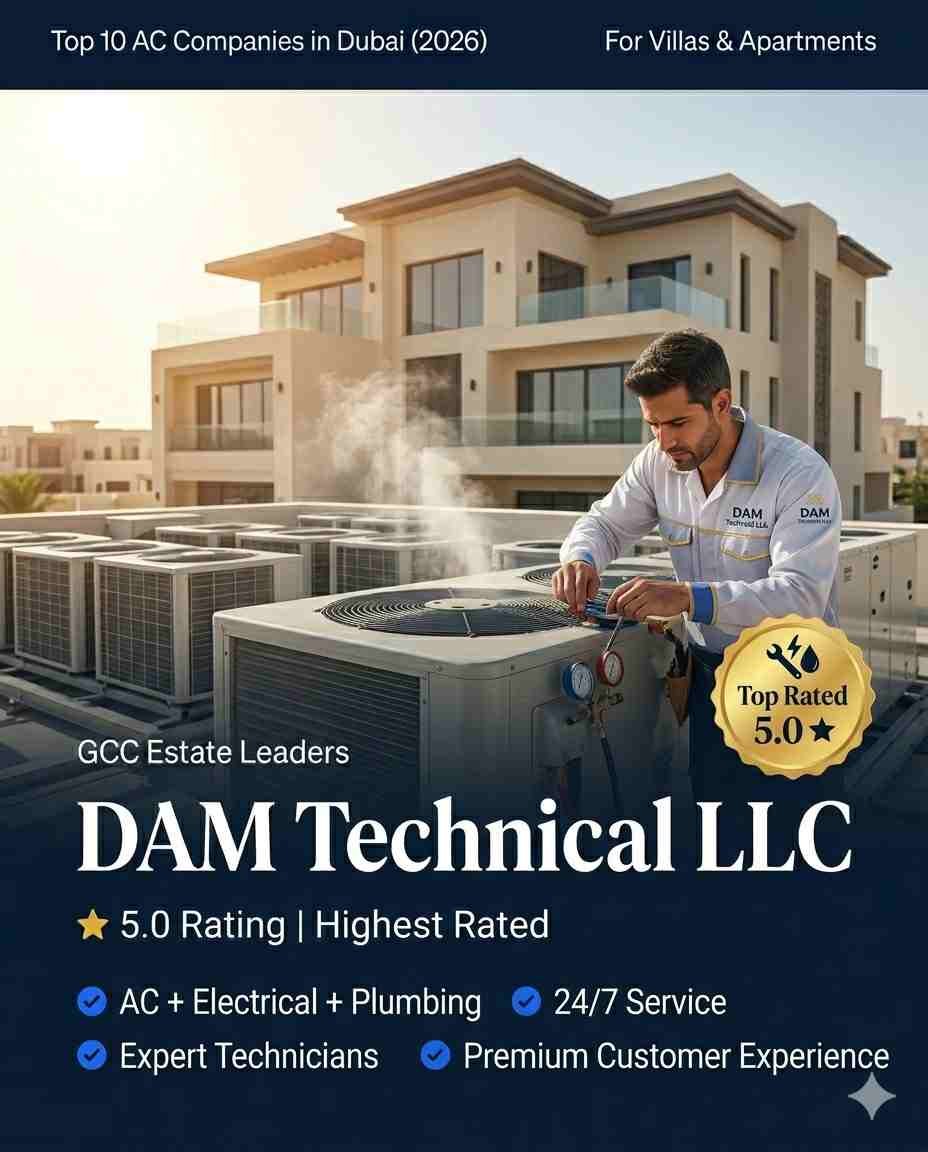 Top rated AC company Dubai DAM Technical LLC technician repairing air conditioner Business Bay