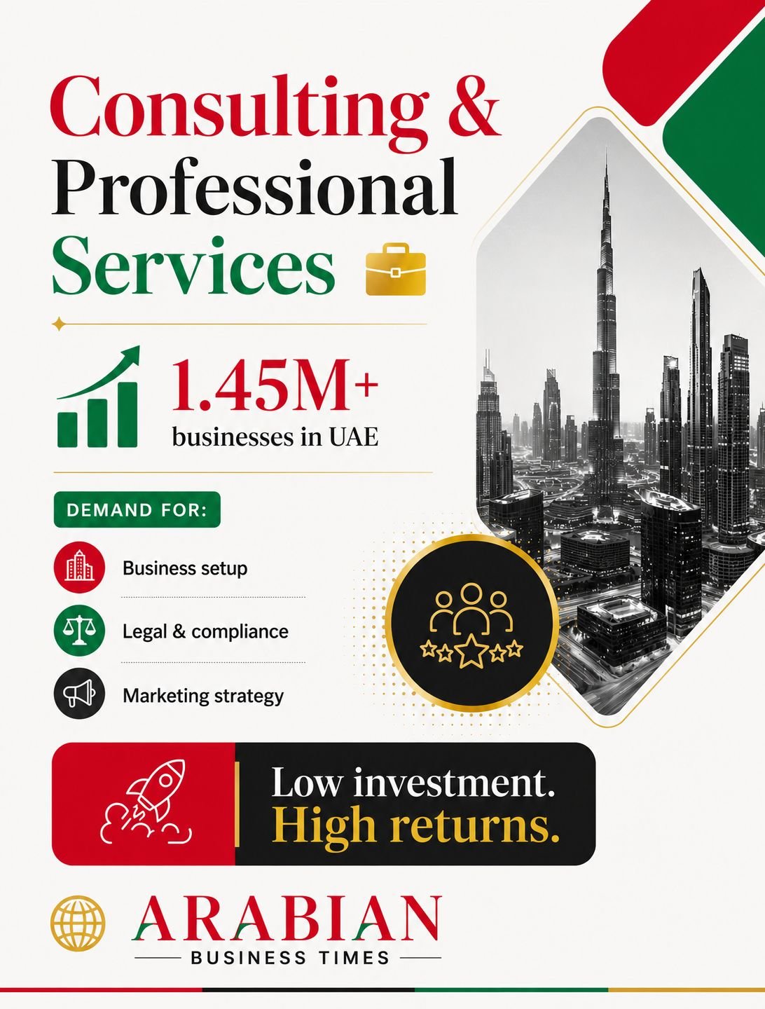 Business consulting opportunities in UAE 2026 including advisory services, compliance consulting, HR solutions, and corporate strategy.