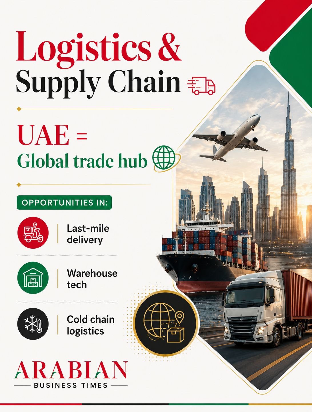 Logistics and supply chain opportunities in UAE 2026 featuring smart logistics, warehouse automation, fleet management, and delivery technology.